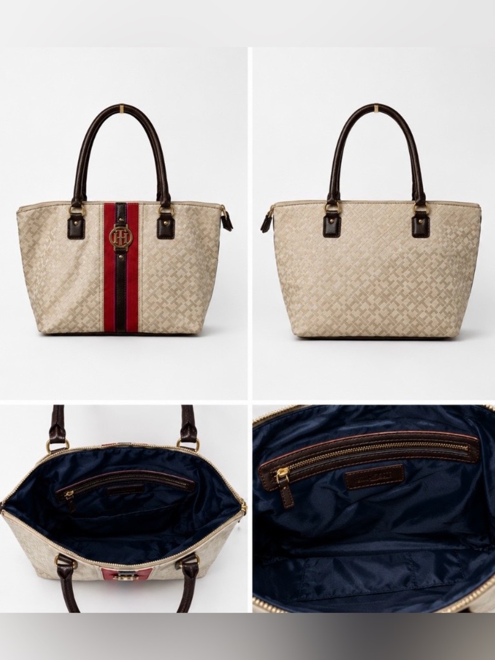 Tommy Hilfiger Cream Canvas Tote with Red Stripe and Brown Trim